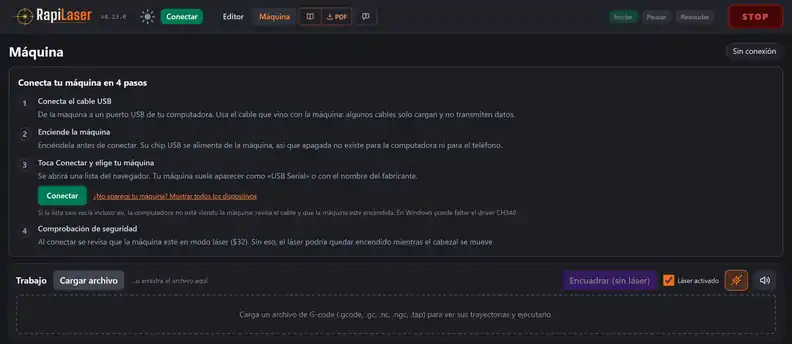 Pantalla Máquina de RapiLaser con los cuatro pasos para conectar la máquina por USB, el botón Conectar y la zona para cargar el trabajo