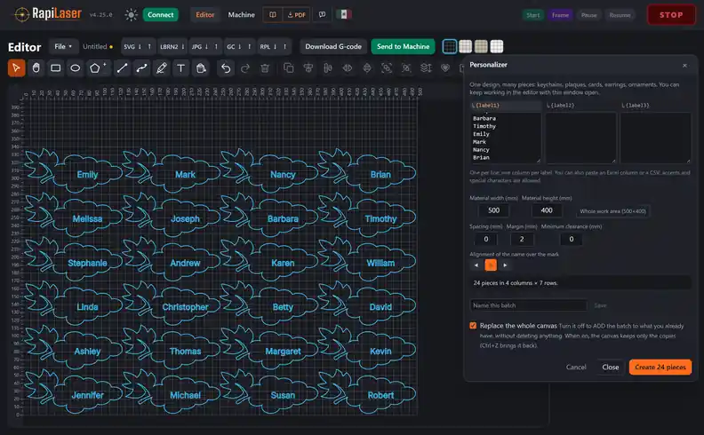 RapiLaser Personalizer in English with a list of names in the {label1} column and 24 pieces shaped like a bunch of grapes created across the whole 500 × 400 mm work area, each with its name