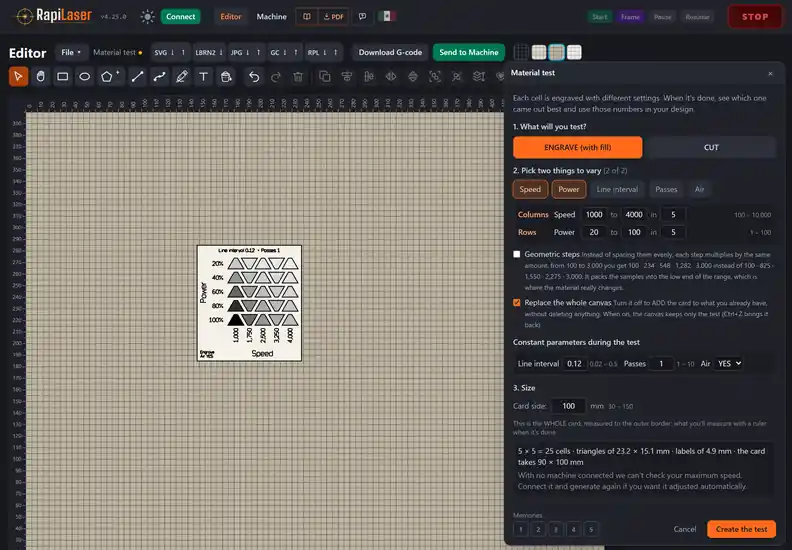 RapiLaser material test in English: a labeled card combining five speeds and five powers, next to the Material test window where you pick two things to vary